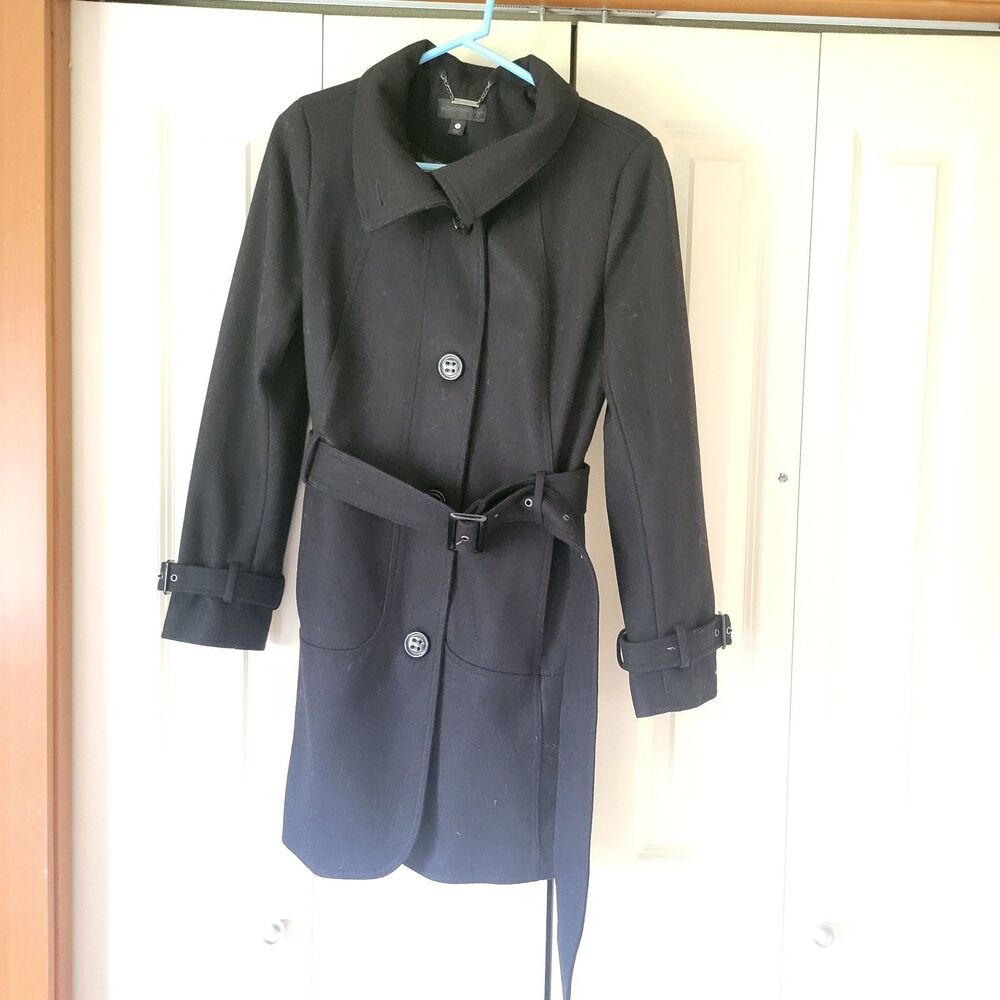 Worthington Womens Black Belted Wool Coat Size Small Mid Length